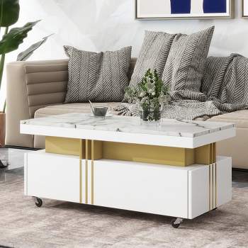 Contemporary Coffee Table with Faux Marble Top, Rectangle Cocktail Table with Caster Wheels and Gold Metal Bars-ModernLuxe