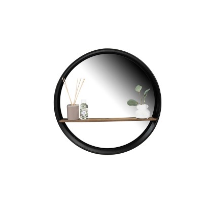 Contemporary Black Metal & Wood Round Wall Mirror with Shelf