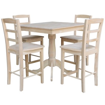 Set of 5 36" X 36" Casia Square Top Pedestal Table with 4 Madrid Counter Height Barstools Dining Sets Unfinished - International Concepts