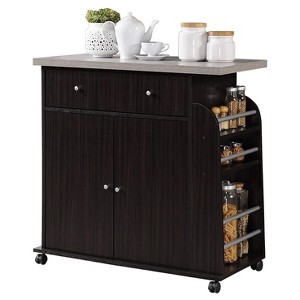 Hodedah Kitchen Island Cabinet Drawer Storage with Large Spice and Towel Rack with Wheels, Chocolate - 1 of 4