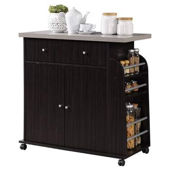 Hodedah Kitchen Island Cabinet Drawer Storage with Large Spice and Towel Rack with Wheels, Chocolate