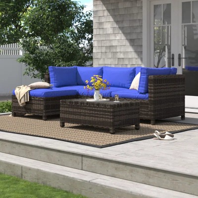 Chic Crate - Parkhurst 3-Person All-Weather Rattan Outdoor Sectional Set with Blue Cushions