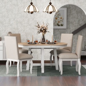 Dining Table Set Round, Dining Sets 5 Piece, Dining Set Solid Wood With 4 Upholstered Chairs, Extendable Dining Table Set-Cuddlewood - 1 of 4