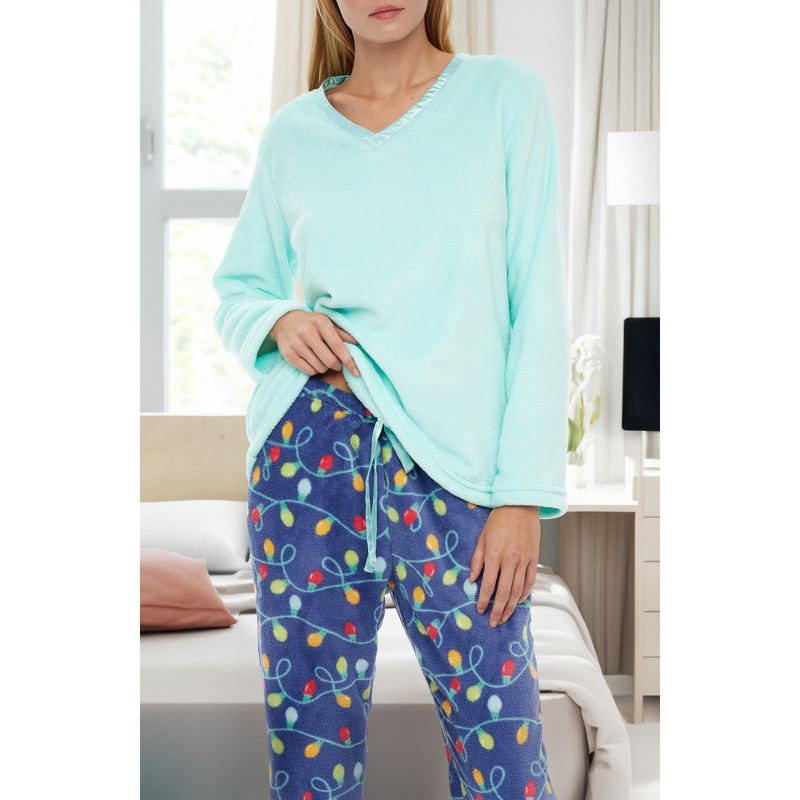 Women's Soft Warm Fleece Pajamas Lounge Set, Long V Neck Top and Pants, PJ, 6 of 7