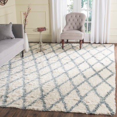 Ivory and Blue Hand-Knotted Wool 9' x 12' Rug