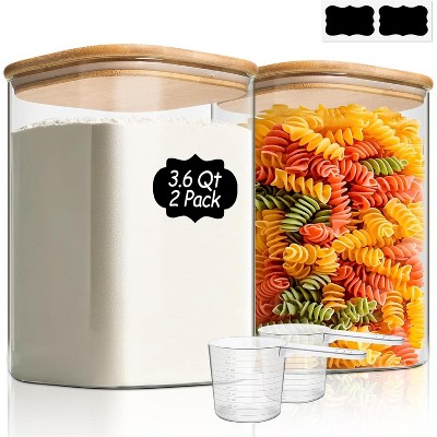 2 Pack 3.6 Qt Glass Food Storage Containers with Lids, Square Glass Jars for Flour, Sugar, Cereal, Rice, Pasta