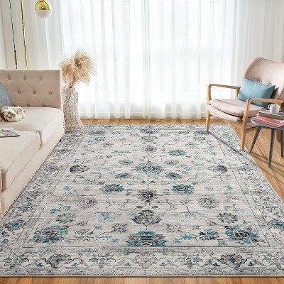 Floral Print Washable Area Rug - Non-Slip Non-Shedding Machine Washable Rug for Bedroom Living Room Dining Room