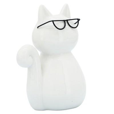 Sagebrook Home Cat with Glasses Sculpture - Contemporary Porcelain White and Black Cat Statue for Home or Office Decor