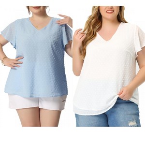 Women's Plus Size 2 Pieces Swiss Dot V Neck Flutter Sleeves Summer Casual Blouses -Agnes Orinda - 1 of 4