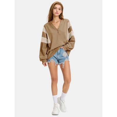 EXLURA Women's Oversized V Neck Henley Shirt Patchwork Color Block Sweatshirt Long Sleeve Button Pullover Tunic Tops