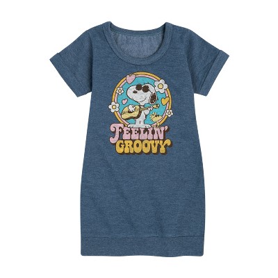 - Peanuts - Feelin Groovy Snoopy And Woodstock Graphic Short Sleeve Fleece Dress