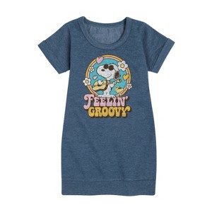 Peanuts Feelin Groovy Snoopy And Woodstock Graphic Short Sleeve Fleece Dress - Heather Navy - 2T - 1 of 4