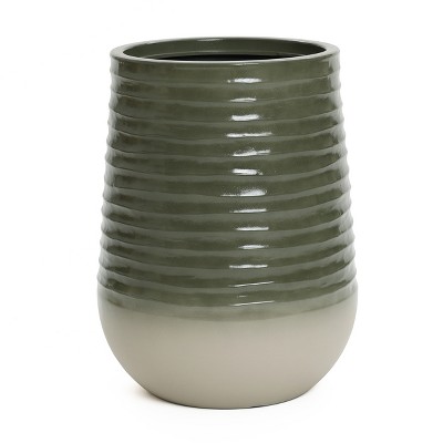 LuxenHome Emerald Ribbed Top with Ivory Bottom 20" Tall Resin Round Planter Green