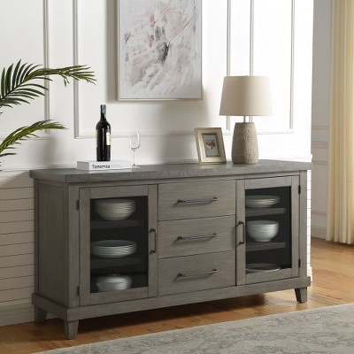 Aoxun Washed Grey Server with Glass Doors & Drawers  Contemporary Buffet with Hardwood Frame & Ash Veneers, Stylish Storage for Dining or Living Room
