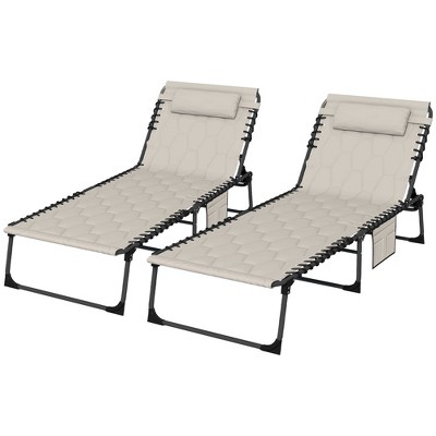 TiramisuBest Folding Chaise Lounge Set w/ 5-Level Recliner, Padded Seat, Pocket & Headrest for Beach/Yard/Patio (Khaki)