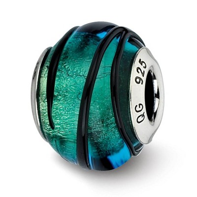 Black Bow Jewelry Teal with Black Stripes Murano & Sterling Silver Bead Charm, 15mm