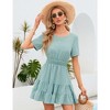 Women's Summer Round Neck Short Sleeve Casual Mini Swiss Dot Chiffon Smocked Waist Tiered Ruffle Hem Beach Dresses - 3 of 4
