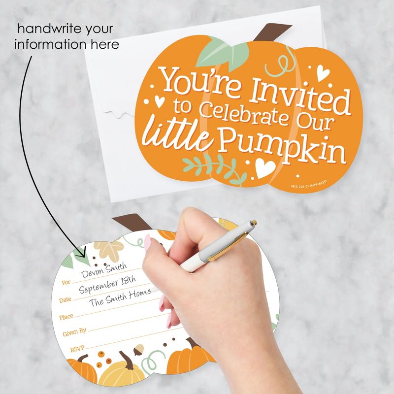 Big Dot of Happiness Little Pumpkin - Shaped Fill-In Invitations - Fall Birthday Party or Baby Shower Invitation Cards with Envelopes - Set of 12, 2 of 8