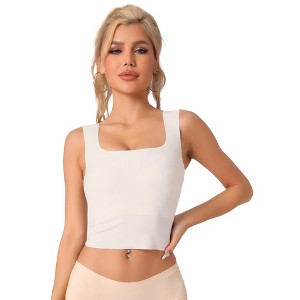Allegra K Women's Ribbed with Built-In Bra Slim Fit Square Neck Tank Top - 1 of 4