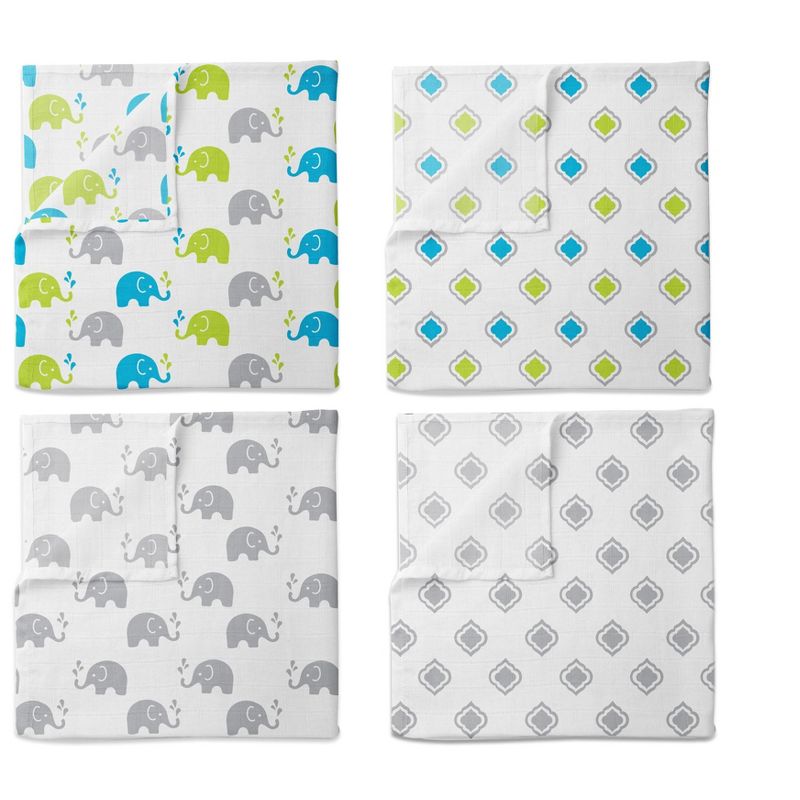 Bacati - Elephants Aqua/Lime/Gray Muslin Swaddling Blankets set of 4, 2 of 6