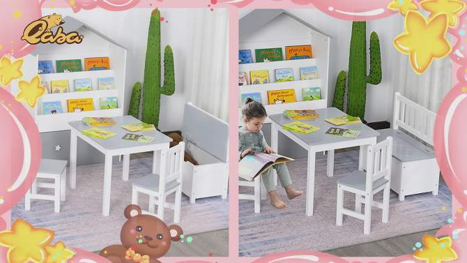 Qaba 4-Piece Kids Table Set with 2 Wooden Chairs, 1 Storage Bench, and Interesting Modern Design, 2 of 8, play video