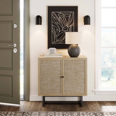 Light Oak and Matte Black Freestanding Cabinet with Adjustable Shelving