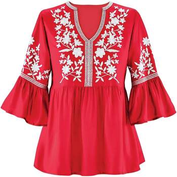 Collections Etc Tonal Embroidered V-Neck Bodice Long Sleeve Tunic Top