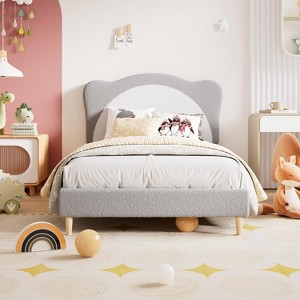 Upholstered Bed Frame for Kids with Scallop Headboard, Cute Velvet Princess Bed for Girls, Wood Slats Support No Box Spring Needed - 1 of 4