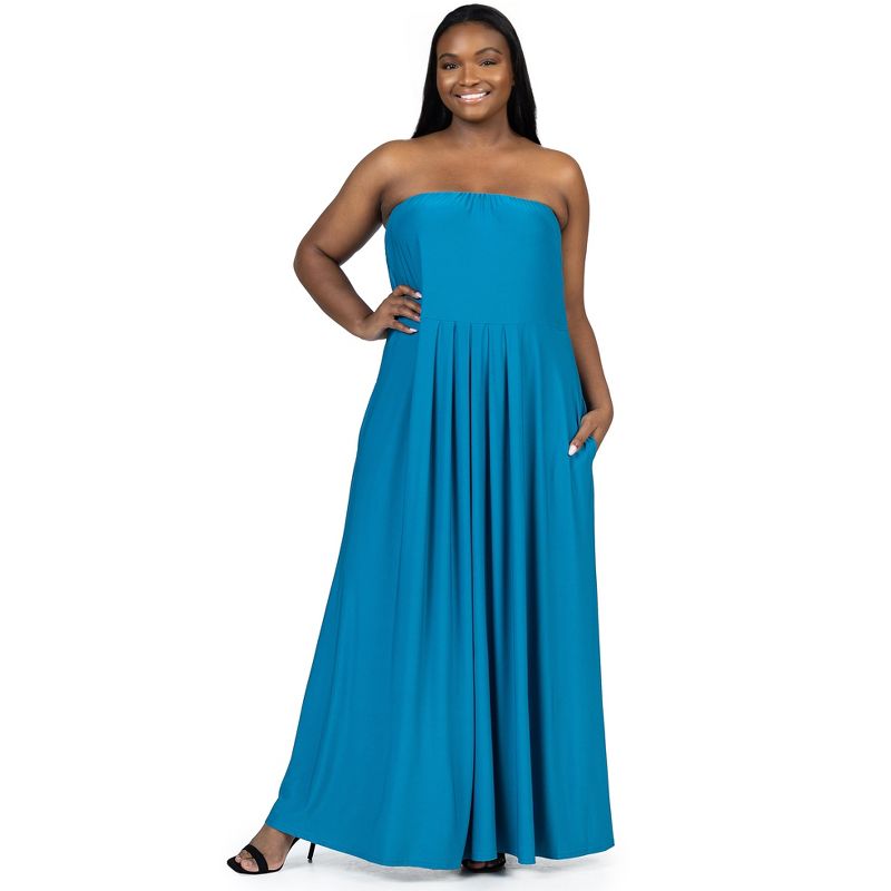 24seven Comfort Apparel Plus Size Pleated A Line Strapless Maxi Dress With Pockets, 5 of 7