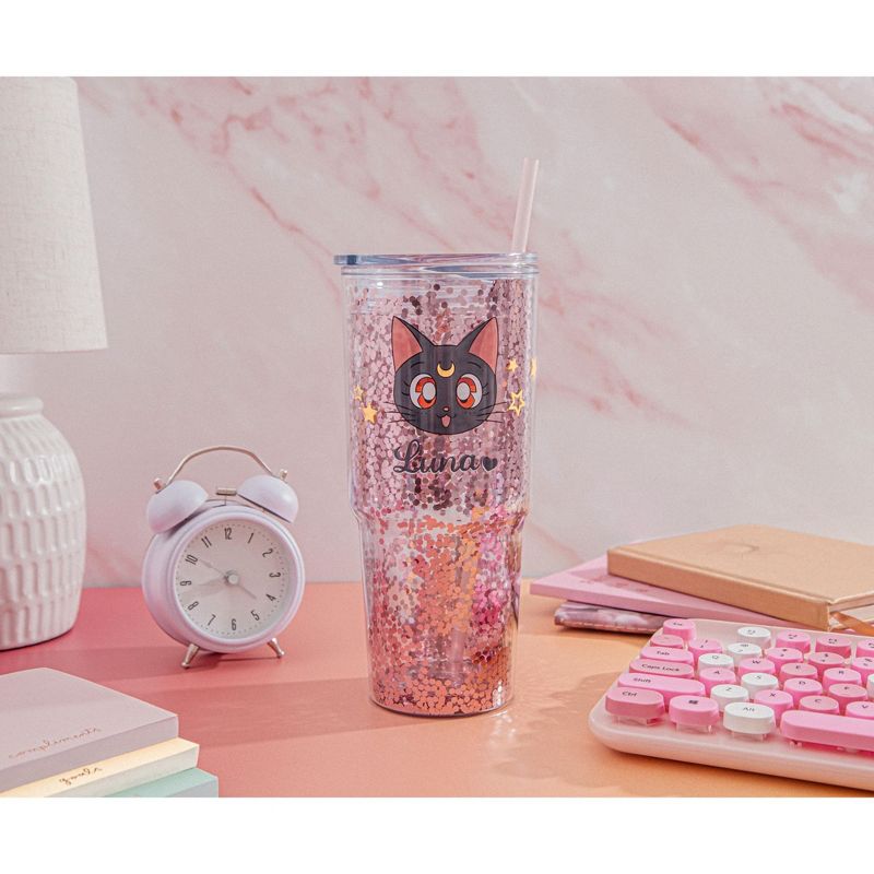 Just Funky Sailor Moon Luna and Artemis Glitter Tumbler With Lid and Straw | Hold 31 Ounces, 4 of 7