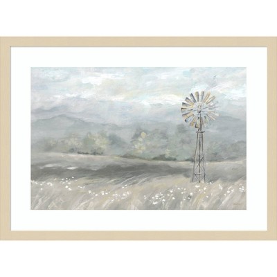 Country Meadow Windmill Framed Scenic Landscape Print in Natural Wood