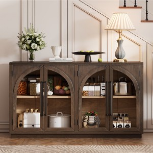 APRILSOUL 60.00"4-Door Large Storage Sideboard Buffet Cabinet with Glass Doors, Arched Cabinet (Brown) - 1 of 4
