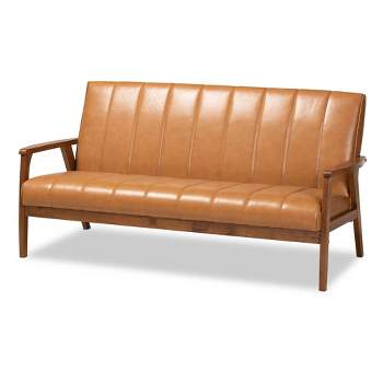 Nikko Mid-Century Faux Leather Upholstered Wood Sofa Walnut/Brown - Baxton Studio