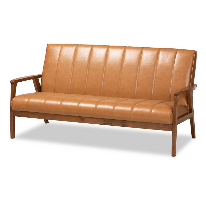 Nikko Mid-Century Faux Leather Upholstered Wood Sofa Walnut/Brown - Baxton Studio, 1 of 10