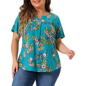 Agnes Orinda Women's Plus Size Floral Print Smocked Short Sleeve Retro Casual Blouses - 1 of 4
