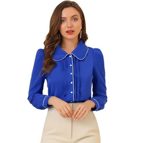 Allegra K Women's Casual Peter Pan Collar Contrast Puff Sleeve Work Blouse  Royal Blue Small