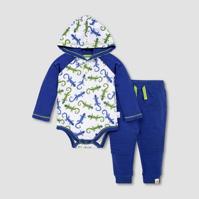Burt's Bees Baby® Baby Boys' Leaping Lizards Hooded Bodysuit & French Terry Pants Set - Blue 0-3M