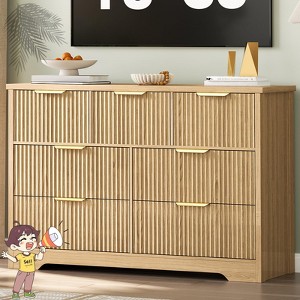 Jojoka Wide 7 Drawer Dresser with Fluted Panels, Modern Wood Storage Chest & TV Console for Bedroom, Hallway, Natural Oak Finish - 1 of 4