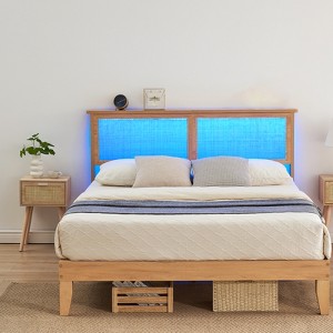 Rattan Full Size Bed Frame, Natural Rattan Headboard, with LED Lights, Under Bed Storage and Wooden Legs Support, Noise-Free, No Box Spring Needed - 1 of 4