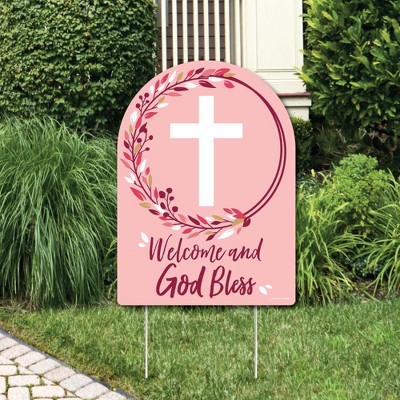 Big Dot of Happiness Pink Elegant Cross - Party Decorations - Girl Religious Party Welcome Yard Sign