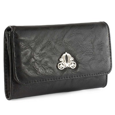 Disney Wallet, Foldover, Cinderella Carriage Silver Enamel Black Vegan Leather