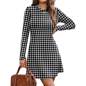 2025 Women's Long Sleeve Sweater Dress for Fall, Crew Neck Knit Midi Dress Black and White - 1 of 4