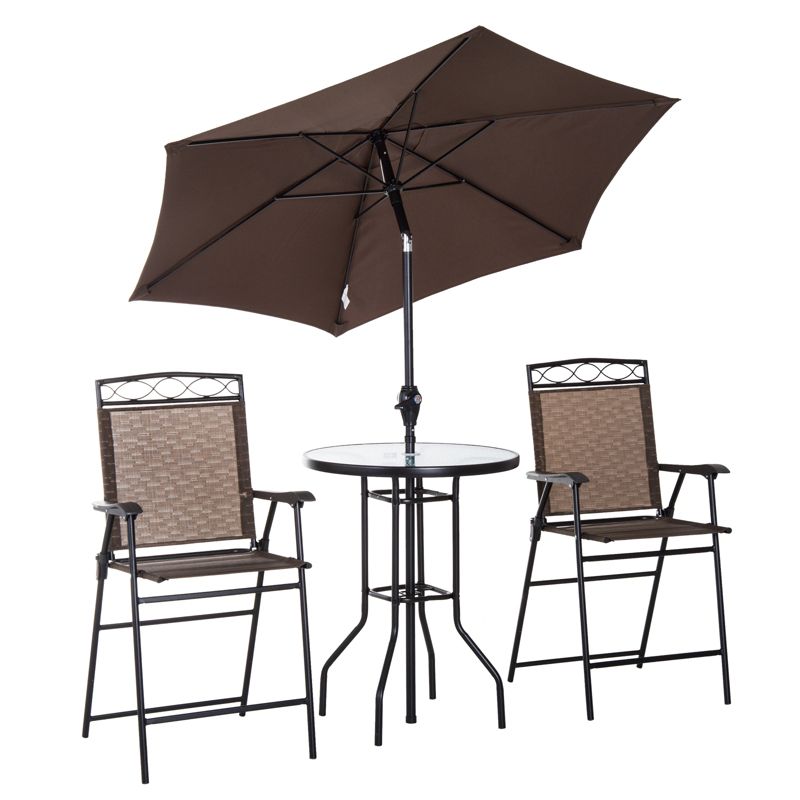 Outsunny 4 Piece Patio Bar Set for 2 with 6' Adjustable Tilt Umbrella, Outdoor Bistro Set with Folding Chairs & Glass Round Dining Table, 1 of 9