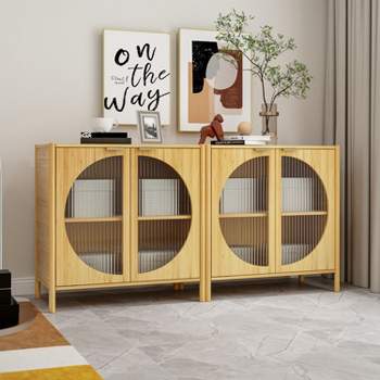 Aash 2-Doors Solid Bamboo Storage Cabinet,MDF Composite Circle-Shape Doors Farmhouse Storage Cabinet With 1 Adjustable Inner Shelves-The Pop Maison