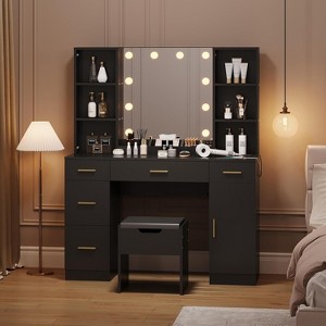 Modern Vanity Desk Table With Mirror and Lights,Built-in Power Outlet  with Drawers & Cabinets,Open Storage,Vanity Table With Stool for Bedroom - 1 of 4