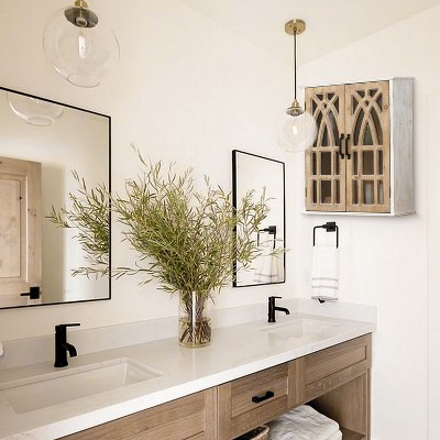 Farmhouse White and Natural Wood Cathedral-Style Wall Cabinet