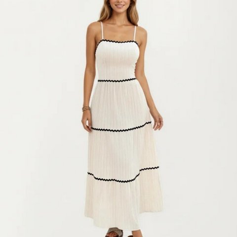 Женские платья Anna-Kaci Women's Sleeveless Pleated Maxi Dress with Spaghetti Straps Contrast Trim Detail and Flowy Tiered Silhouette - Small, Light Beige