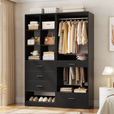 Aheaplus Freestanding Closet System with 4 Drawers and Storage, Walk-In Wardrobe Organizer with Hanging Rod