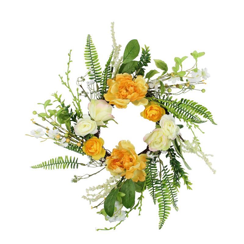 Northlight Hydrangea and Rose Twig Artificial Floral Wreath, Orange 16-Inch, 1 of 4