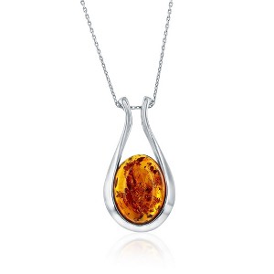 Simona Sterling Silver, Oval Amber, Pear-Shaped 18" Pendant Necklace - Brown - 1 of 2